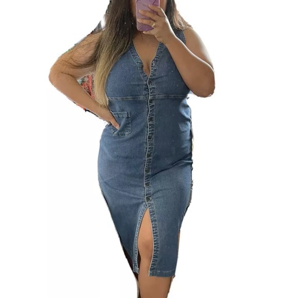 Objects Gold Button Up Long Denim Dress Medium - Picture 9 of 9